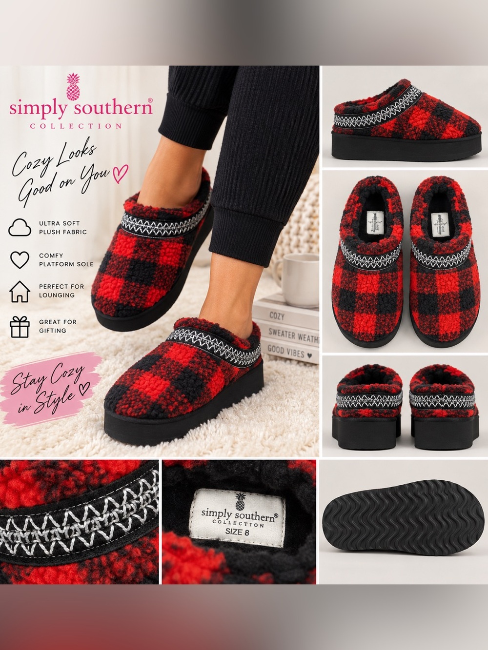 Simply Southern Buffalo Plaid Platform Slippers Red Black Size 8 NWOT
